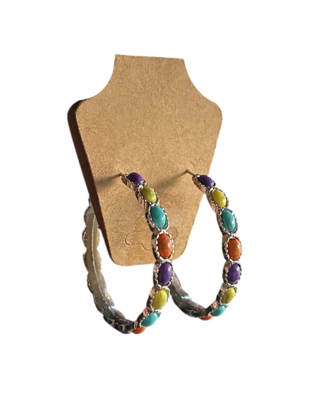 New SilverToned Multicolor Stone Hoop Earrings